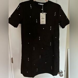 Zara faux suede jewel black embellished velvet short sleeve dress